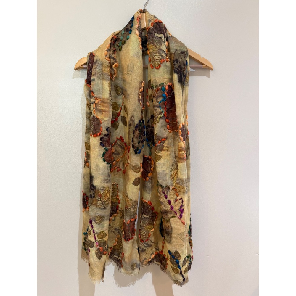Boho Botanical Leaf fall Print Scarf 100%wool Hand Embroidery 72"x28"